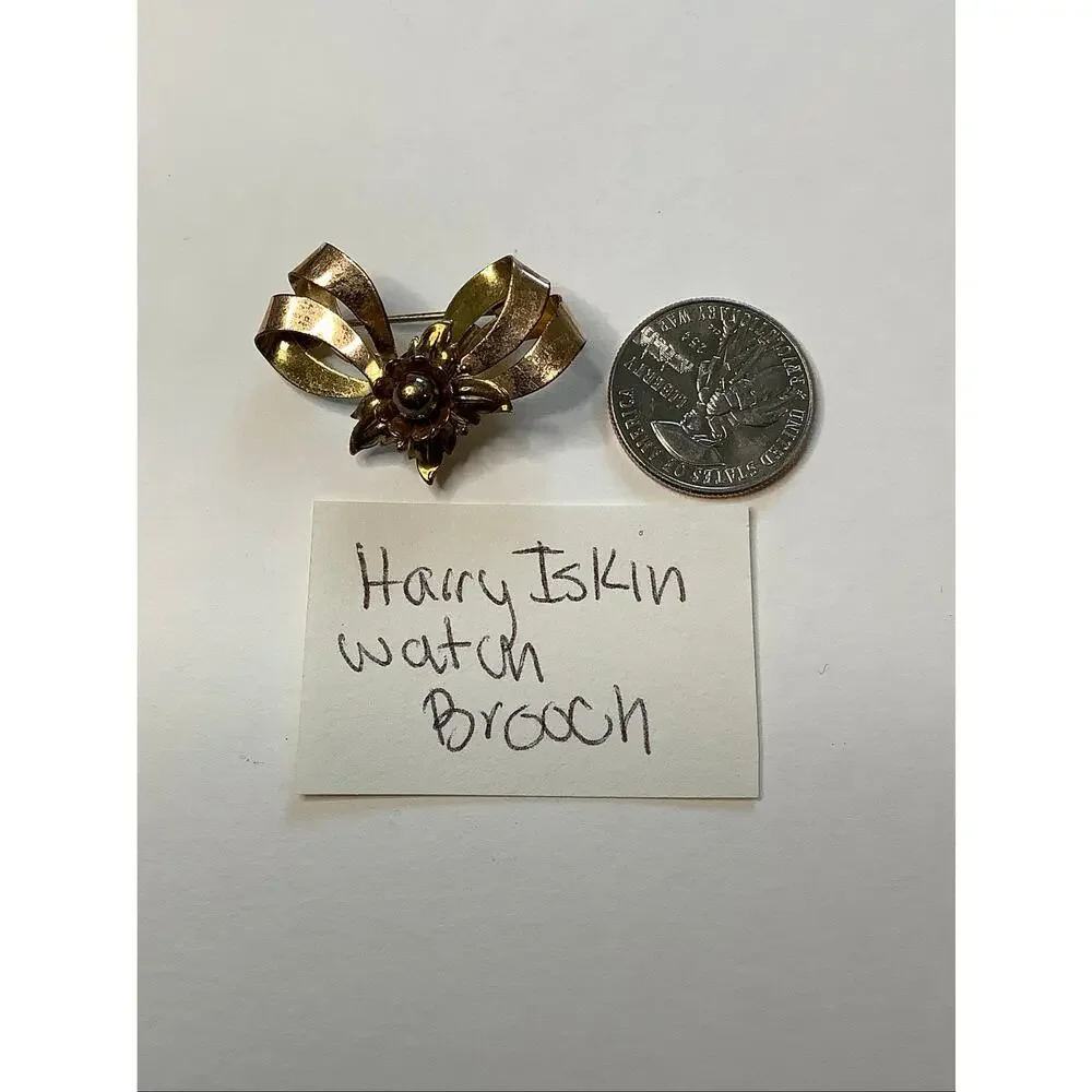 Harry Iskin Gold Tone Floral Bow Brooch Ribbon Pin Vintage Cottagecore F10-9